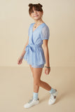 GY8328 Blue Girls Belted Surplice Peplum Layer Organza Romper Pose