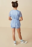 GY8328 Blue Girls Belted Surplice Peplum Layer Organza Romper Back