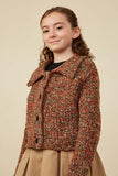 GY8349 Brown Mix Girls Multicolor Yarn Collared Button Sweater Cardigan Side