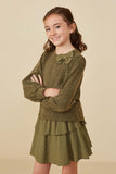 GY8356 Olive Girls Contrast Plaid Bow Textured Knit Top Side