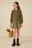 GY8356 Olive Girls Contrast Plaid Bow Textured Knit Top Pose 2