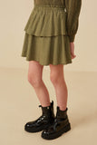 GY8357 Olive Girls Plaid Elastic Waist Tiered Skirt Side