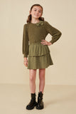 GY8357 Olive Girls Plaid Elastic Waist Tiered Skirt Pose