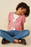 GY8419 Pink Girls Ribbed Knit Bow Detail Short Sleeve Open Top Front