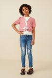 GY8419 Pink Girls Ribbed Knit Bow Detail Short Sleeve Open Top Front 2