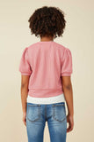 GY8419 Pink Girls Ribbed Knit Bow Detail Short Sleeve Open Top Back