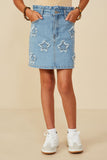 GY8477 Mid Denim Girls Distressed Star Patched Paper Bag Denim Skirt Front