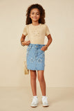 GY8477 Mid Denim Girls Distressed Star Patched Paper Bag Denim Skirt Pose