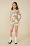 GY8482 Blue MixGirls Multicolor Stripe Textured Knit Shorts Full Body