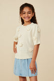 GY8509 Ivory Girls Hand Knit Floral Patch Sweater Top Front