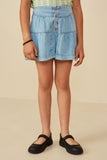 GY8518 Light Denim Girls Button Detail Tiered Wideleg Tencel Shorts Front