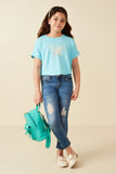 GY8533 Blue Girls Butterfly Embroidered French Terry Knit Top Full Body