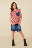 GY8620 Red Girls Star Pocket Striped Knit Ruffled Knit Tank Full Body