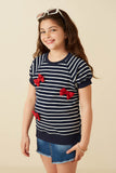 GY8629 Navy Girls Contrast Bow Detailed Striped Knit T Shirt  Side