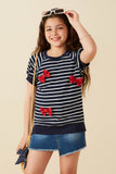 GY8629 Navy Girls Contrast Bow Detailed Striped Knit T Shirt Front  2