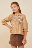 GY8721 Taupe Girls Floral Embroidered Mix Media Peplum Top Front