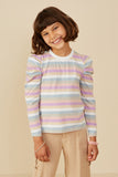 GY8737 Lavender Mix Girls Multicolor Stripe Puff Shoulder Knit Top Pose