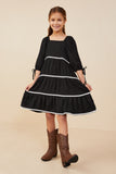 GY8741 Black Girls Wavy Twill Trimmed Square Neck Dress Full Body