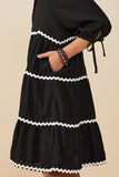 GY8741 Black Girls Wavy Twill Trimmed Square Neck Dress Detail