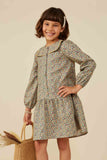 GY8743 Mustard Girls Wavy Twill Trimmed Sailor Collar Printed Dress Front