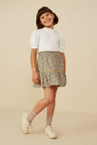 GY8744 MUSTARD Girls Wavy Twill Trimmed Printed Skirt Pose