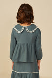 GY8745 Green Girls Wavy Twill Trimmed Peter Pan Collar Gauze Top Back