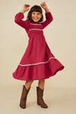 GY8748 Berry Girls Wavy Twill Trimmed Gathered Gauze Dress Pose