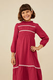 GY8748 Berry Girls Wavy Twill Trimmed Gathered Gauze Dress Front