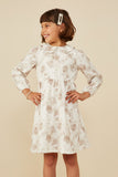 GY8753 Taupe Girls Textured Antique Floral Scallop Collar Dress Front