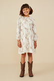 GY8753 Taupe Girls Textured Antique Floral Scallop Collar Dress Pose