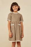 GY8757 Olive Girls Wavy Twill Trimmed Pocketed Checkered Dress Front