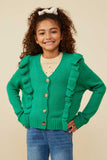 GY8758 Green Girls Ruffle Detail Buttoned Sweater Cardigan Front