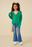 GY8758 Green Girls Ruffle Detail Buttoned Sweater Cardigan Pose