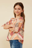 GY8768 Burgundy Mix Girls Quilt Print Square Neck Tie Sleeve Top Side