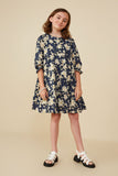 GY8813 Navy Girls Floral Print Tiered Cinch Sleeve Dress Pose