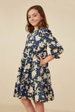 GY8813 Navy Girls Floral Print Tiered Cinch Sleeve Dress Side