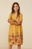 GY8814 Mustard Girls Embroidered Detail Long Sleeve Scoop Neck Dress Front