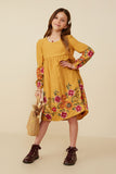 GY8814 Mustard Girls Embroidered Detail Long Sleeve Scoop Neck Dress Pose