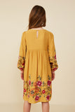 GY8814 Mustard Girls Embroidered Detail Long Sleeve Scoop Neck Dress Back