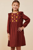 GY8847 Burgundy Girls Ruffle Detail Floral Embroidered Dress Front