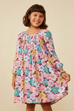 GY8854 Burgundy Girls Floral Print Box Pleat Square Neck Dress Front 2