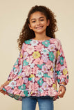 GY8855 Burgundy Girls Floral Print Balloon Sleeve Baby Doll Top Front