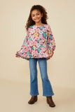 GY8855 Burgundy Girls Floral Print Balloon Sleeve Baby Doll Top Front 2