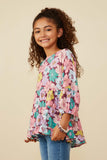 GY8855 Burgundy Girls Floral Print Balloon Sleeve Baby Doll Top Side