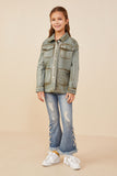 GY8865 Olive Girls Washed Patch Pocket Detail Chore Jacket Pose