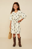 GY8870 Ivory Girls All Over Bow Print Belted Dress Pose