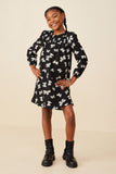 GY8877 Black Girls Ditsy Bow Print Smock Detail Dress Pose