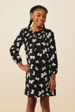 GY8877 Black Girls Ditsy Bow Print Smock Detail Dress Front 2