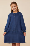 GY8880 Mid Denim Girls Peter Pan Collared Cinch Cuff Chambray Dress Front