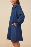 GY8880 Mid Denim Girls Peter Pan Collared Cinch Cuff Chambray Dress Detail